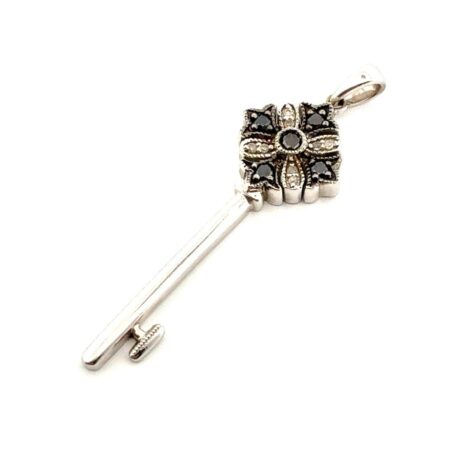 Vintage 10k White Gold Black & White Diamond Skeleton Key Pendant 2.8g