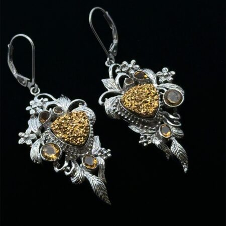 925 Sterling Silver Floral Doublet Citrine Drusy & Citrine Drop Earrings, 13.8g