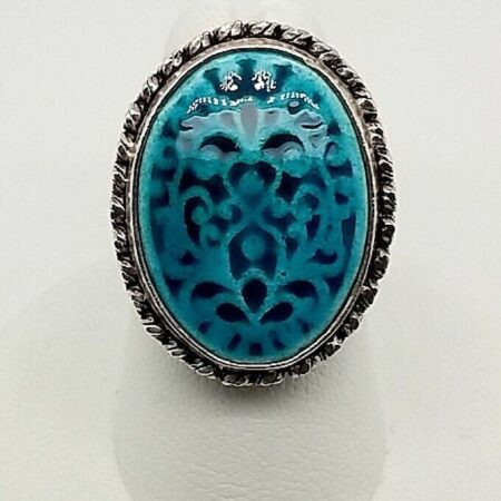 Turkish 925 Silver Ring With Porcelain Blue Oval Cabochon  Size 6, 10.4 gr