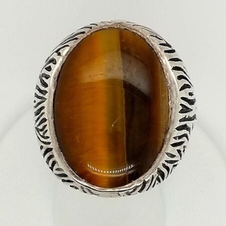Oval Cut Tiger Eye Sterling Silver Antiqued Waves Ring, Size 12 1/2, 20.1 Grams