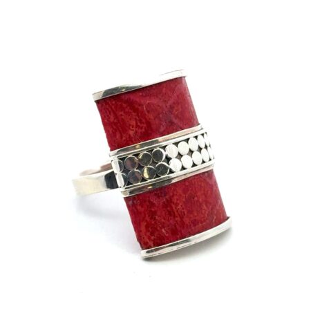 Size-9 Vtg. Adjustable 925 Sterling Silver Red Sponge Coral Balinese Ring, 9.5g