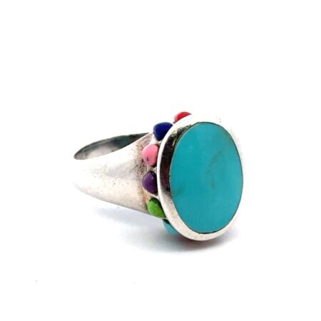 Size-7 Sterling Silver Oval Turquoise + Multicolor Gemstone Accents Ring, 6.3g