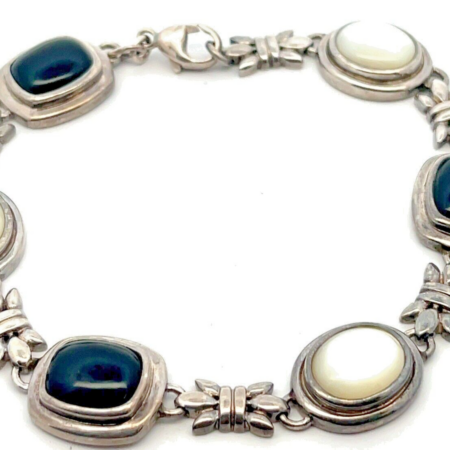 Sterling Silver Bezel Set Onyx & Mother of Pearl 7.5” Bracelet, 20.0 Grams