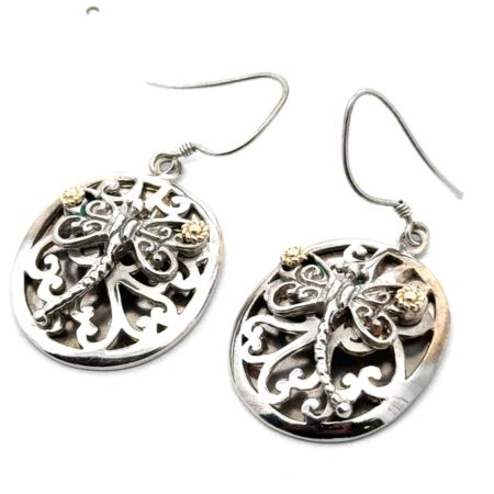 925 Sterling Silver Dragonfly Dangle Earrings w/14k Yellow Gold Accents, 10.9g