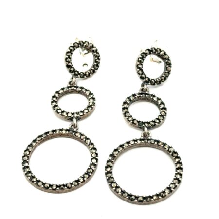 .925 Sterling Silver Marcasite 3 Ring Dangle Earrings, 6.5g