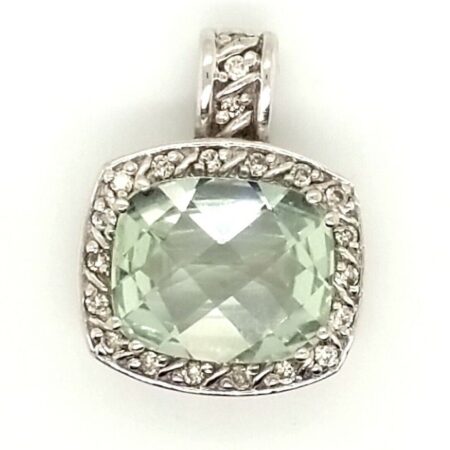 10K White Gold Green Amethyst (Prasiolite) and Diamond Halo Pendant, 3.6 Grams