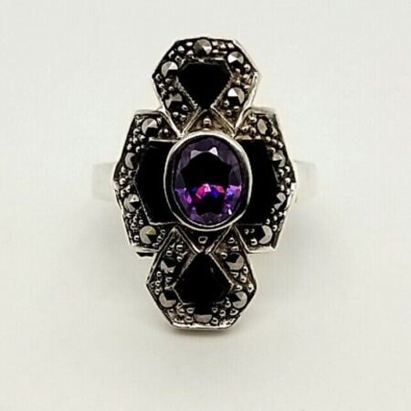 Vintage Amethyst Glass, Black Onyx, Marcasite Sterling Silver Ring, Size 6, 6 Gr