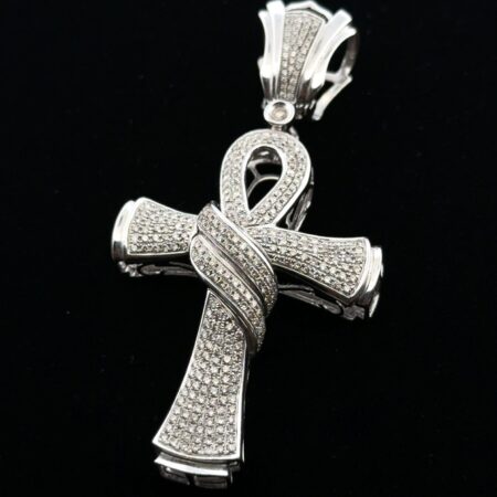 Large 14k White Gold Ankh Cross Natural Diamond Pendant 16.5g