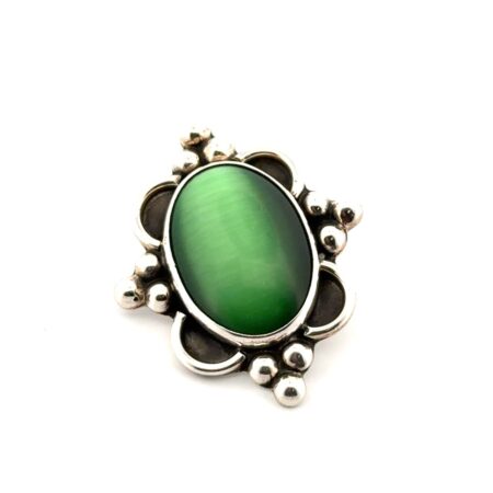 Vintage Mexico 925 Sterling Silver Green Oval Cat’s Eye Pendant 16.3g