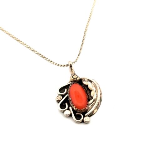 15” Navajo 925 Sterling Silver Red Coral Pendant Necklace Marked AA 5.8g