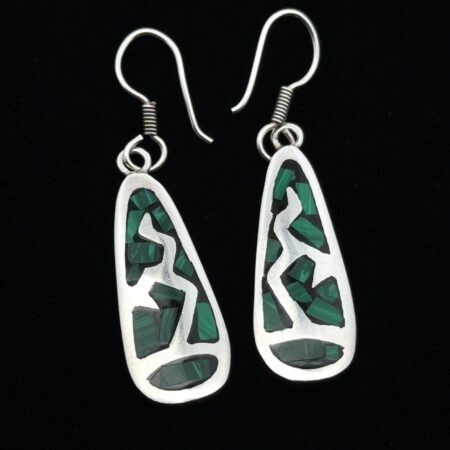 Taxco Mexico 925 Sterling Silver & Inlay Malachite Drop Earrings, 9.8g