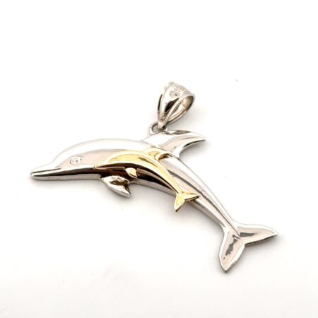 925 Sterling Silver & 14k Yellow Gold Accented Dolphin Pendant 1.5g