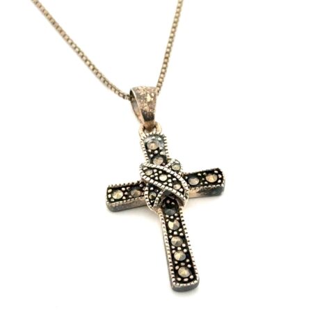 19” Marcasite Cross 925 Sterling Silver Pendant Box Chain Necklace 4.5g