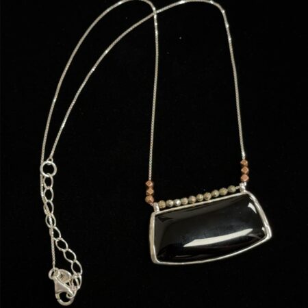 16-19” Silpada Sterling Silver Obsidian Pendant Silver + Copper Beads Necklace