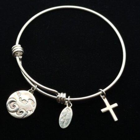 7.5” .925 Sterling Silver Extraordinary Life + Cross Bangle Bracelet, 11.9g