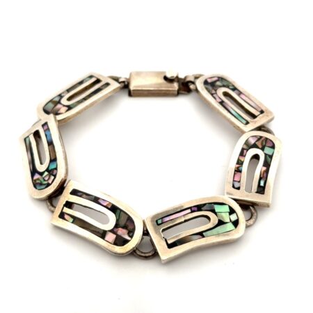 7” Mexico 925 Sterling Silver Abalone Inlay Link Bracelet 36.4g