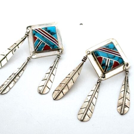 .925 Sterling Silver Native American Drop Earrings, Turquoise + Coral, 7.8g