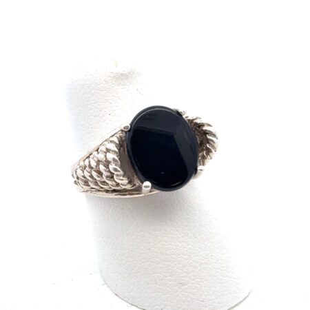 Size-6 925 Sterling Silver Oval Black Onyx Ring Textured Rope Design, 5.0g