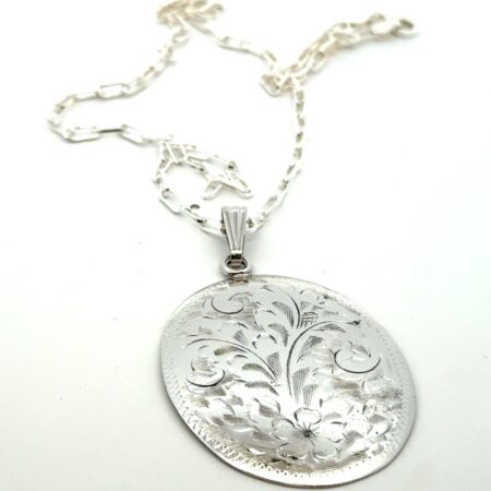 16” Vintage .925 Sterling Silver Oval Floral Pendant On Paperclip Necklace 11.9g