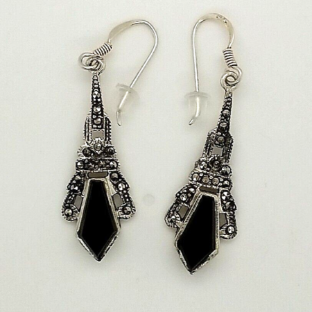 Vintage Sterling Silver 925 Onyx With Marcasites Earrings, 4.6 Grams