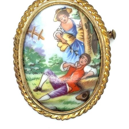 Antique Porcelain Limoges France Oval Hand Painted Brooch - Courtship