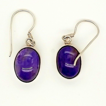 925 Sterling Silver Purple Charoite Dangle Earrings, 8.8 Grams.