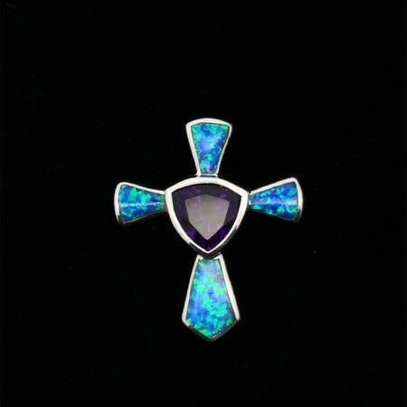 Lab Created Opal Inlay 925 Sterling Silver Cross Pendant Tanzanite Center, 6.0g