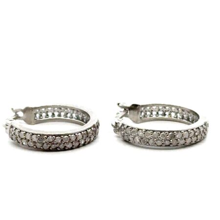 FAS 925 Sterling Silver 19mm Double Row Diamond Hoop Earrings, 4.1g