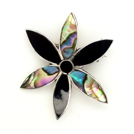 Vintage Sterling Silver Taxco Abalone And Onyx Flower Pin/Pendant, 3.2 Grams