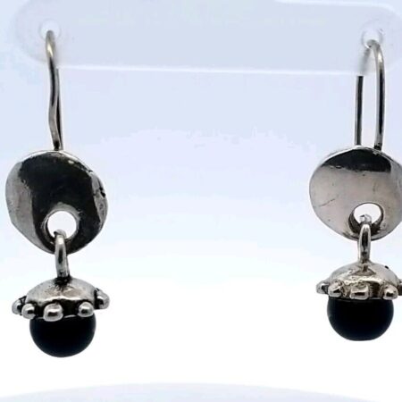 925 Sterling Silver And 8mm Ball Onyx Dangle Earrings 6.8 Grams