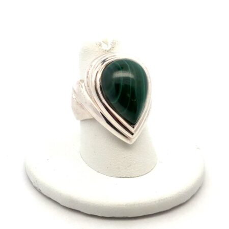 .925 Sterling Silver Large Teardrop Shape Malachite Ring, Size-7, 15.4g