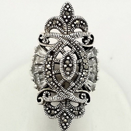 Vintage Sterling Silver Cubic Zirconia and Marcasite Ring, 8.1 Grams, Size 6.5