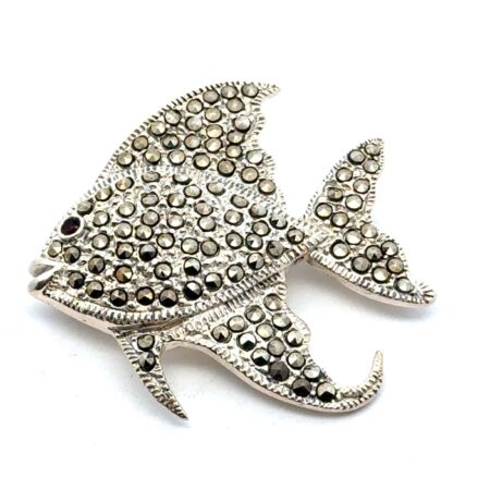 .925 Sterling Silver Marcasite Sunfish Pin w/Garnet Eye, 9.0g