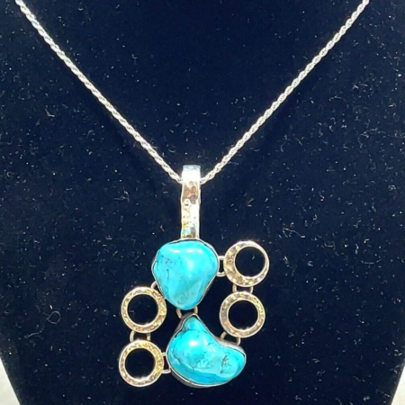 Large Hammered Silver and Turquoise Pendant on 32 Inch Sterling Silver Chain