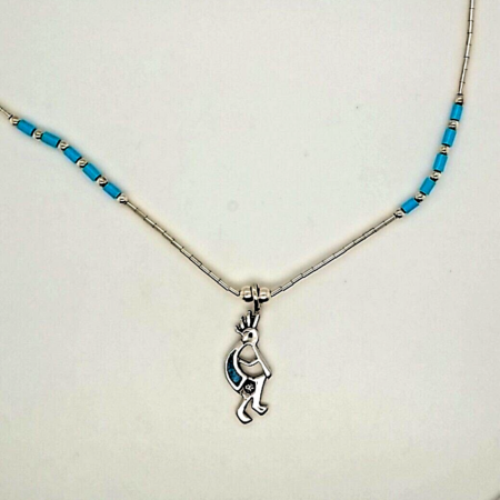 Santa Fe Style 925 Liquid Silver And Turquoise Kokopelli 16 Inch Necklace, 3.5 G