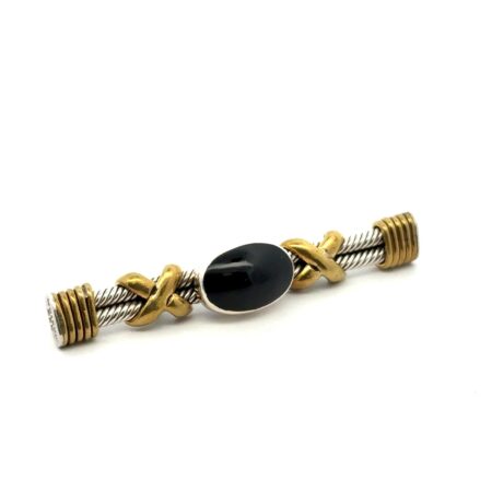 Taxco 925 Sterling Silver Brass & Oval Onyx Brooch/Pin, Mexico, 16.3g