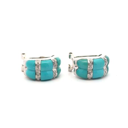 Vintage Turquoise & Diamond Accent 14k White Gold Omega Back Earrings, 6.4g