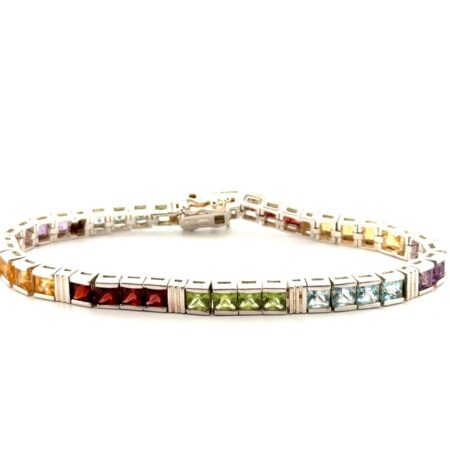7” Thailand 925 Sterling Silver Channel Set Multi-Stone Tennis Bracelet 19.9g