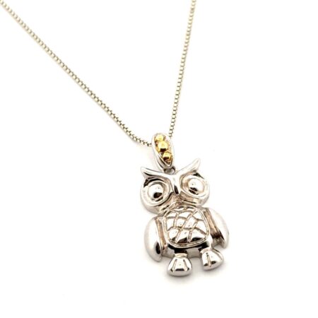 20” 925 Sterling Silver & 14k Accented Owl Pendant Box Chain Neckkace 6.8g