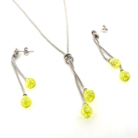 18” 925 Sterling Silver Green Glass Teardrop Necklace & Earrings Set 12.3g