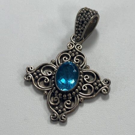 Bali Sterling 925 Silver Blue Topaz Wide Scroll Cross Pendant 15.4g