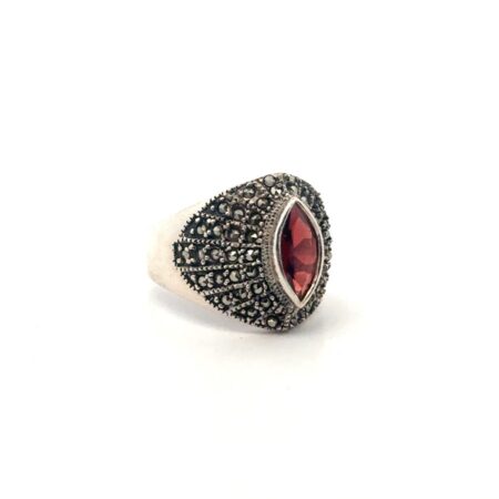 Size-10 925 Sterling Silver Marquise Cut Garnet & Marcasite Ring, 8.7g