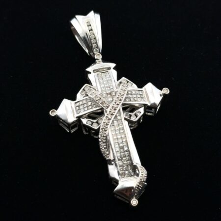 Large 14k White Gold Natural Diamond Intricate Designed Cross Pendant 22g
