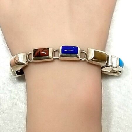 Solid 925 Sterling Silver Multi-Stone 7.25" Bracelet Made In Mexico 42.2 Grams