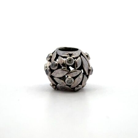 .925 Sterling Silver Sasura with Crystals in a Leaf Motif Bead Charm 2.2grams