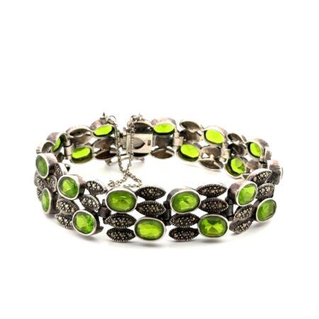 8” Art Deco 925 Sterling Silver Green Glass & Marcasite Link Bracelet 44.2g