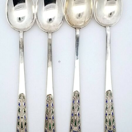 Korean 70% Silver Enamel Long Handle 5" Spoon Set of 4 Marked P.C. in Korea