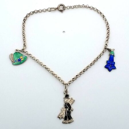 Vintage 835 Silver with 3 Garmany Silver Enamel Charms 7.25" Bracelet