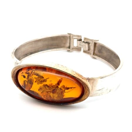 7” ATI Poland 925 Sterling Silver Baltic Amber Hinged Bangle Bracelet, 30.6g