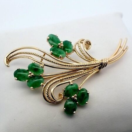 14k Yellow Gold & Jadite Flower Bouquet Pin / Brooch, 8.8 Grams